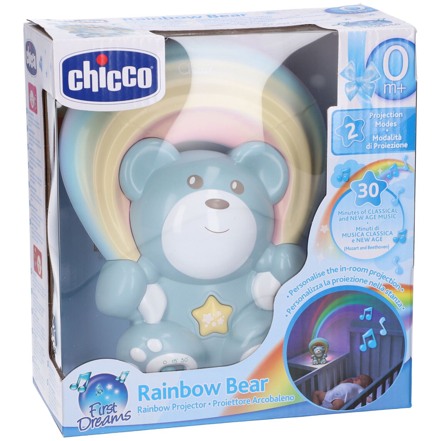 Orsetto blu con proiettore arcobaleno in confezione. Marchio Chicco, modello Rainbow Bear. Include 2 modalità di proiezione e 30 musiche.