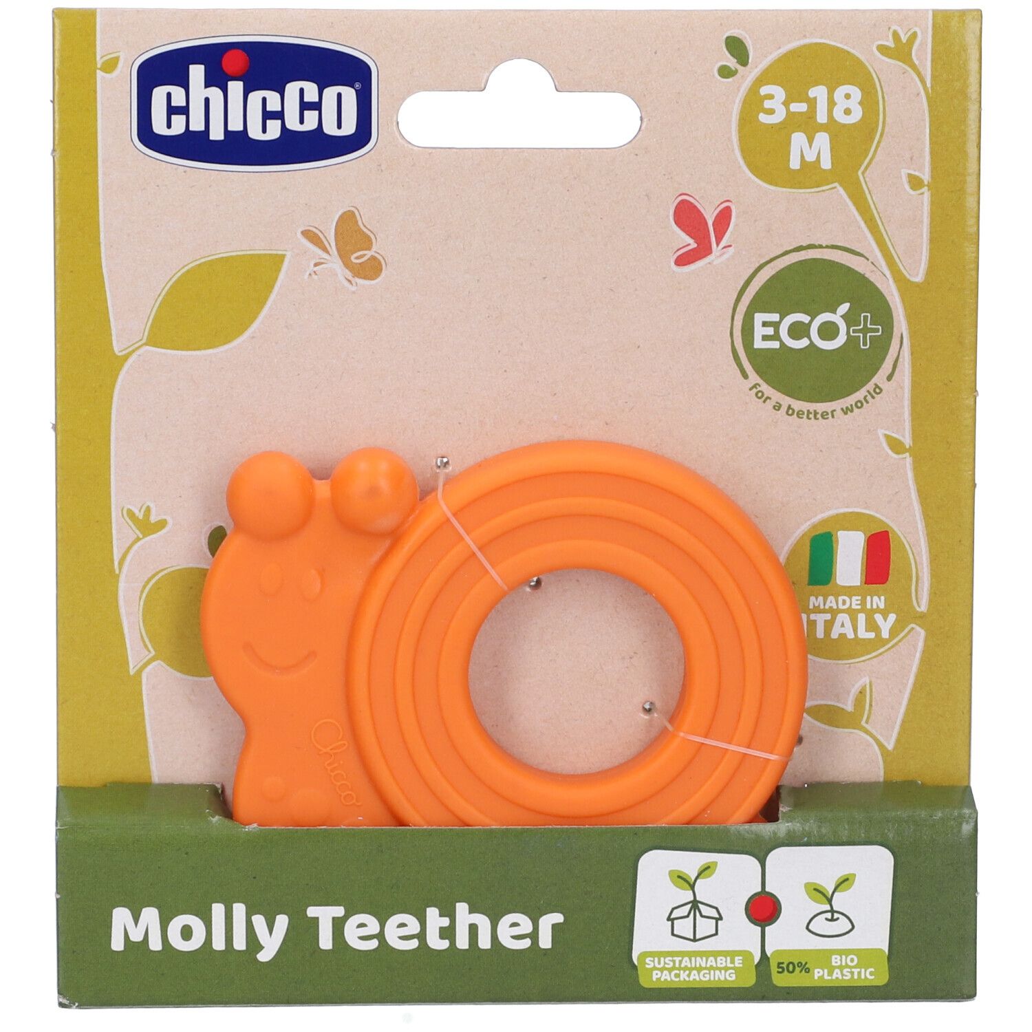 Massaggiagengive Chicco Molly arancione a forma di lumaca, confezionato. Etichetta ECO+, 3-18 mesi.
