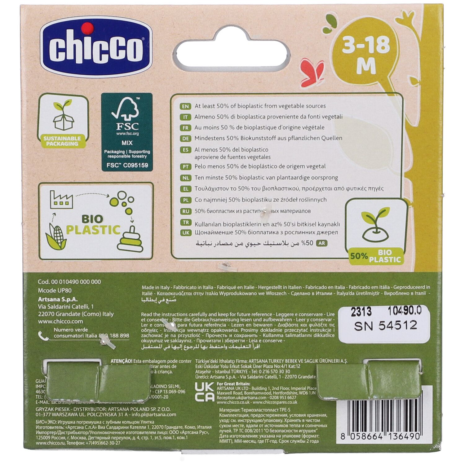 Retro della confezione del massaggiagengive Chicco Molly. Testo, loghi, età consigliata 3-18 mesi e origine.