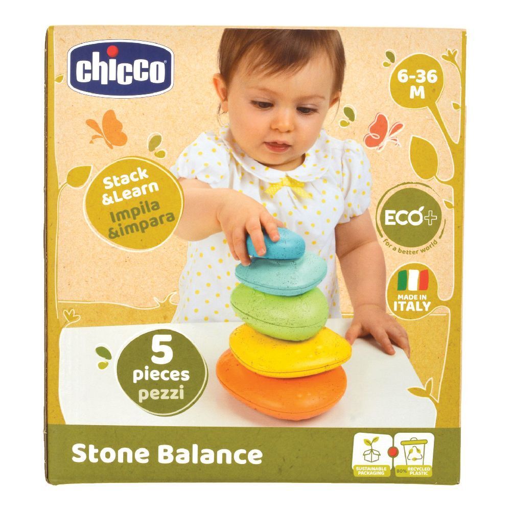Confezione con 5 pietre colorate. Scritte: Chicco, 6-36 M, Stack & Learn, Eco+, Made in Italy, Stone Balance.