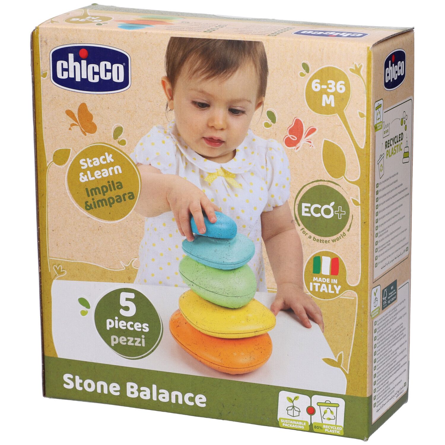 Confezione con 5 pietre colorate. Scritte: Chicco, 6-36 M, Stack & Learn, Eco+, Made in Italy, Stone Balance, plastica riciclata.