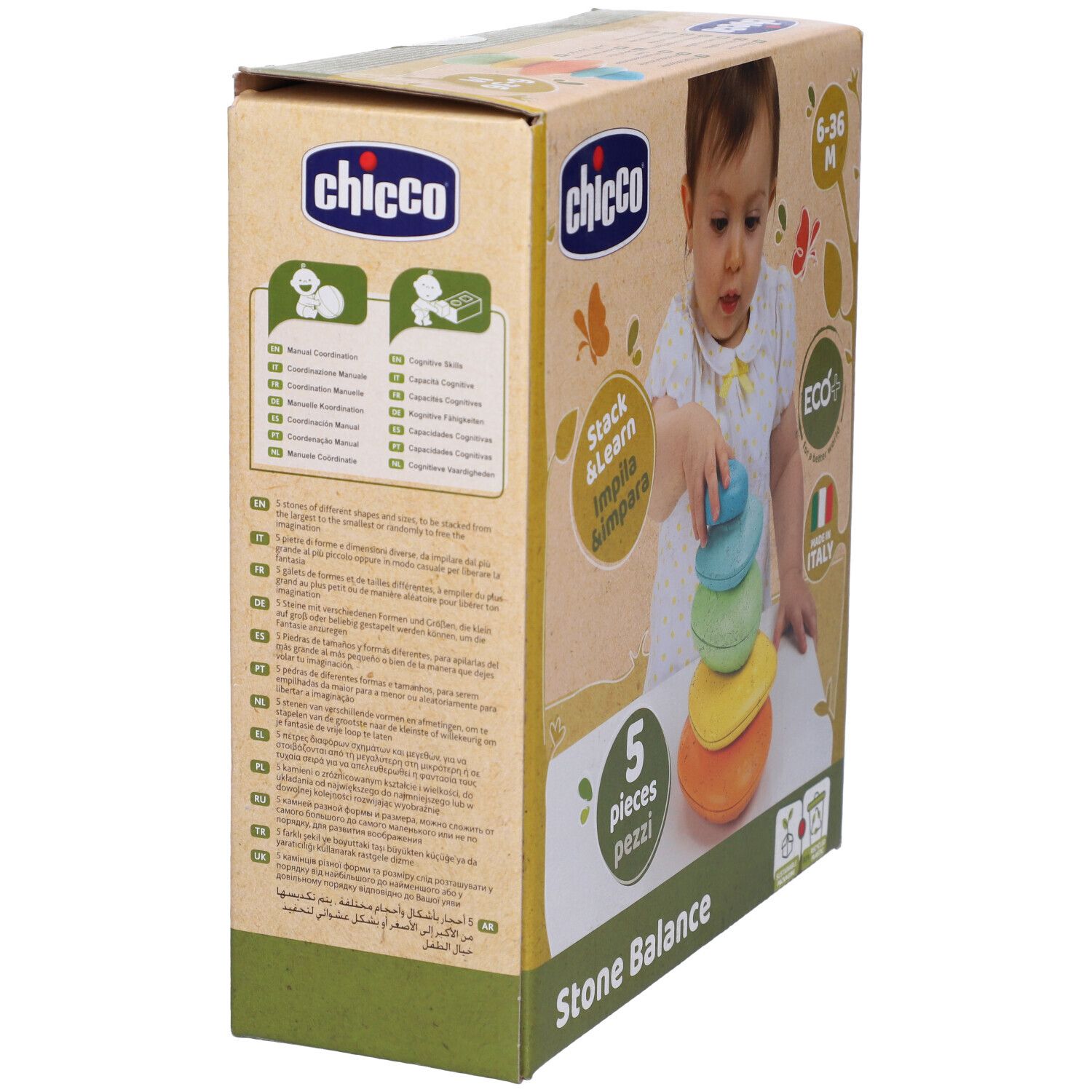 Confezione con 5 pietre colorate. Scritte: Chicco, 6-36 M, Stack & Learn, Eco+, Made in Italy, Stone Balance, plastica riciclata.