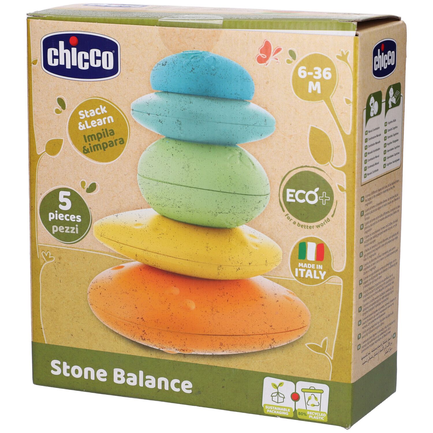 Confezione con 5 pietre colorate. Scritte: Chicco, 6-36 M, Stack & Learn, Eco+, Made in Italy, Stone Balance.