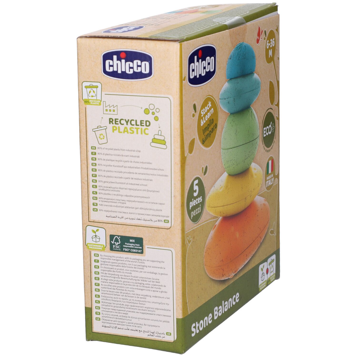 Confezione con 5 pietre colorate. Scritte: Chicco, 6-36 M, Stack & Learn, Eco+, Made in Italy, Stone Balance, plastica riciclata.