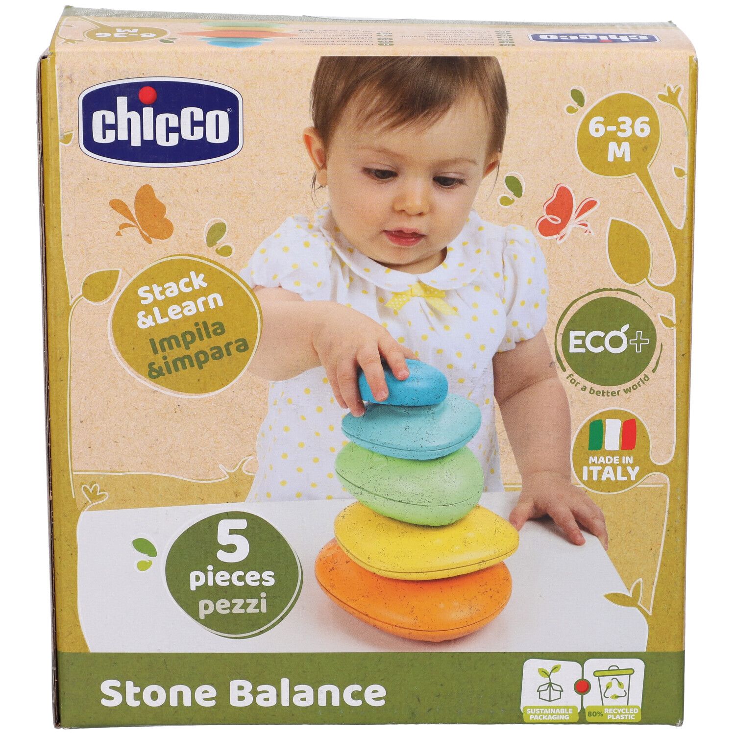 Confezione con 5 pietre colorate. Scritte: Chicco, 6-36 M, Stack & Learn, Eco+, Made in Italy, Stone Balance.