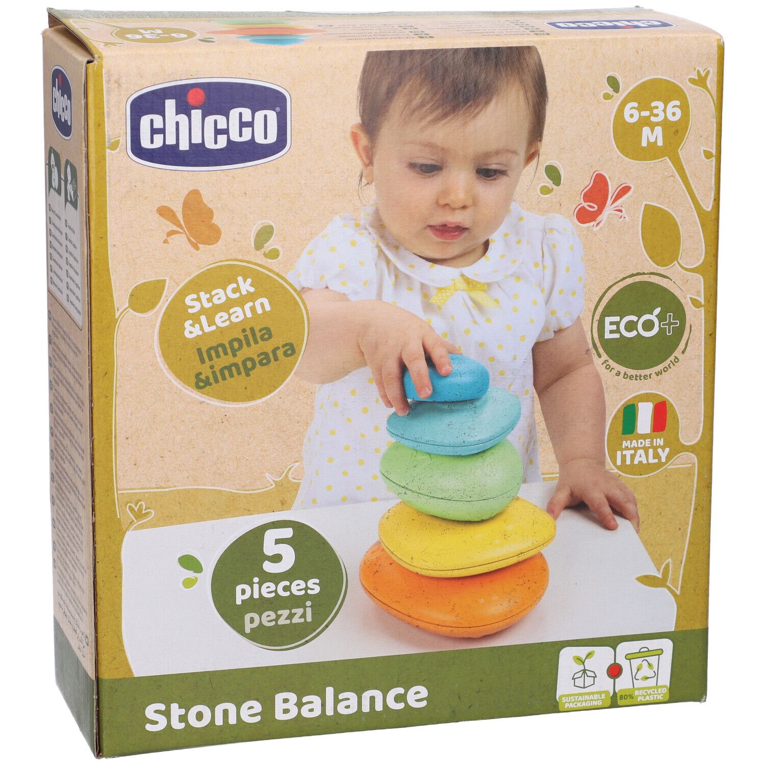 Confezione con 5 pietre colorate. Scritte: Chicco, 6-36 M, Stack & Learn, Eco+, Made in Italy, Stone Balance.