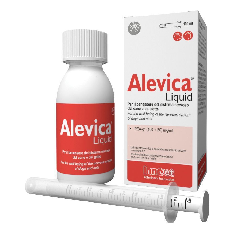 Flacone e scatola "Alevica Liquid" con siringa. Scritte in italiano e inglese. Marchio "Innvet".