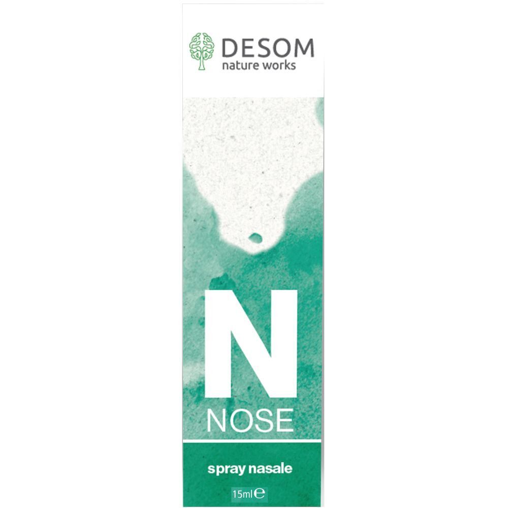 Confezione con sfondo verde e testo: DESOM, N NOSE, spray nasale, 15ml.
