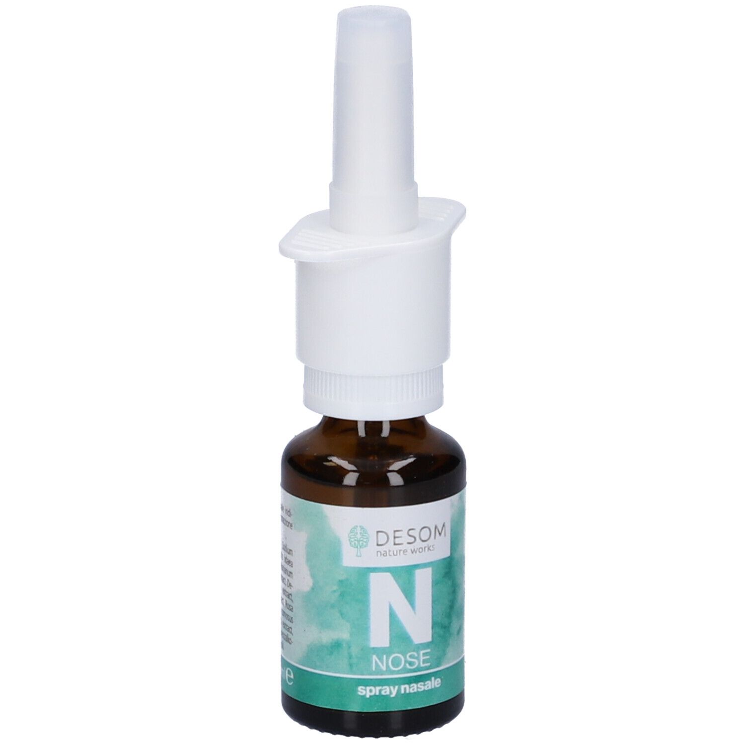 Flacone di vetro marrone con nebulizzatore bianco. Testo: DESOM, N NOSE, spray nasale.