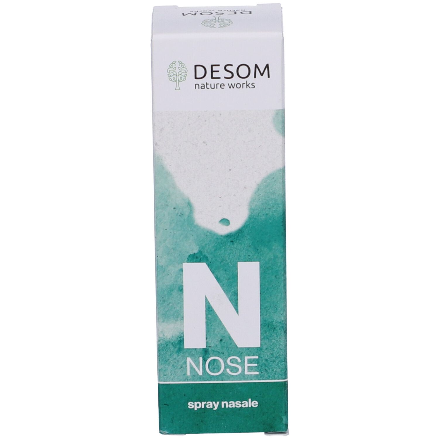 Confezione con sfondo verde e testo: DESOM, N NOSE, spray nasale.