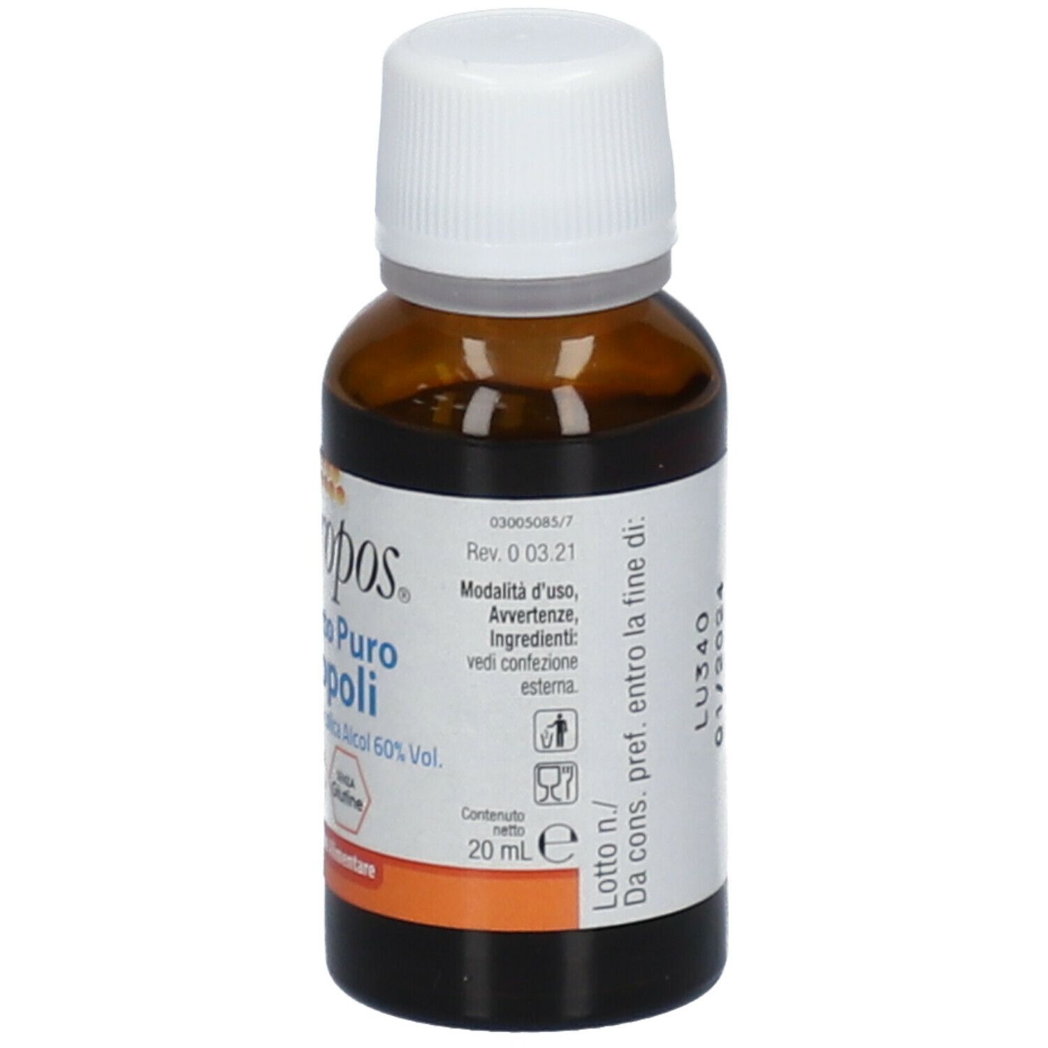 Flacone in vetro marrone con tappo bianco. Etichetta con informazioni, 20 ml.
