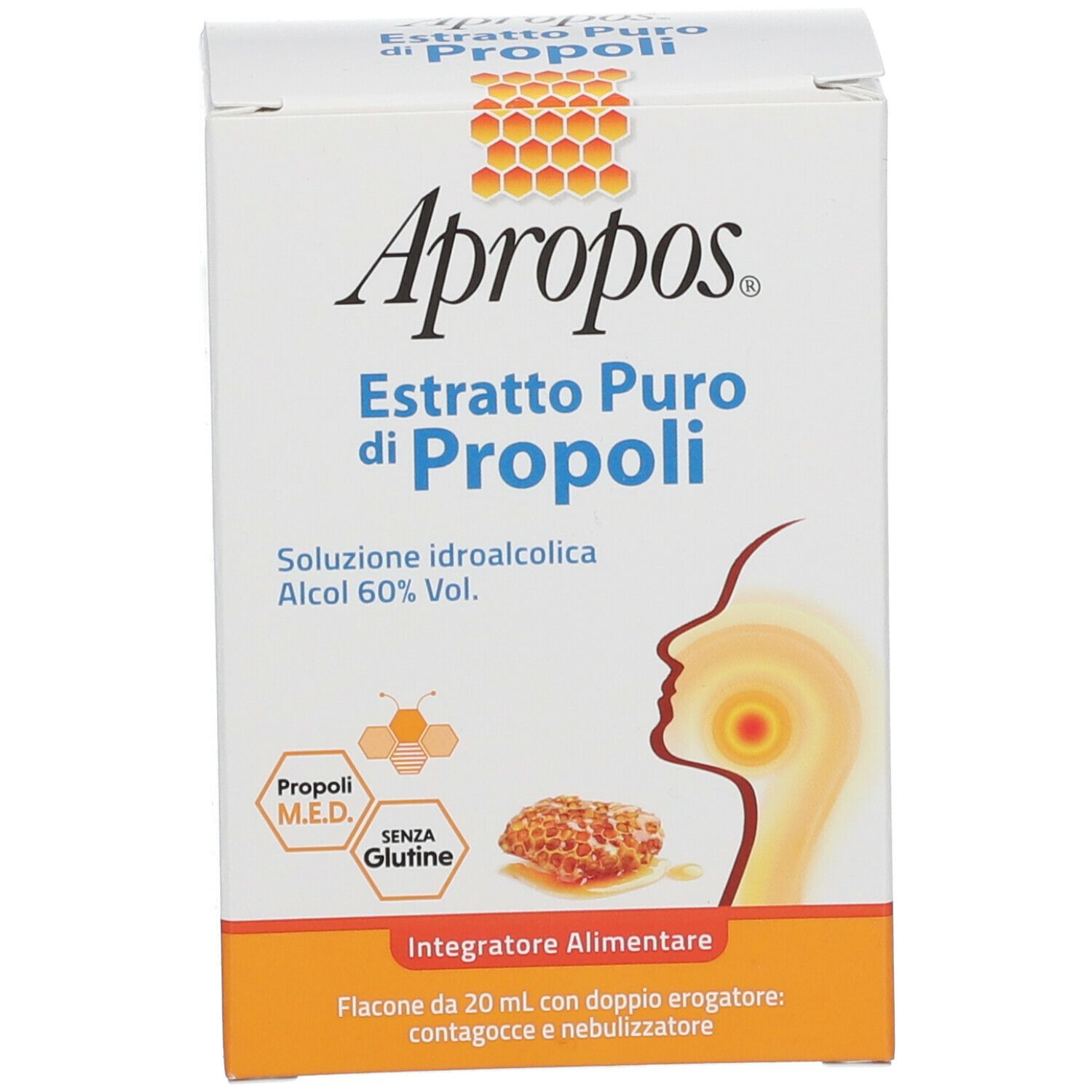Confezione. Scritta: APROPOS Estratto Puro di Propoli. Contiene 20 ml, con nebulizzatore e contagocce.