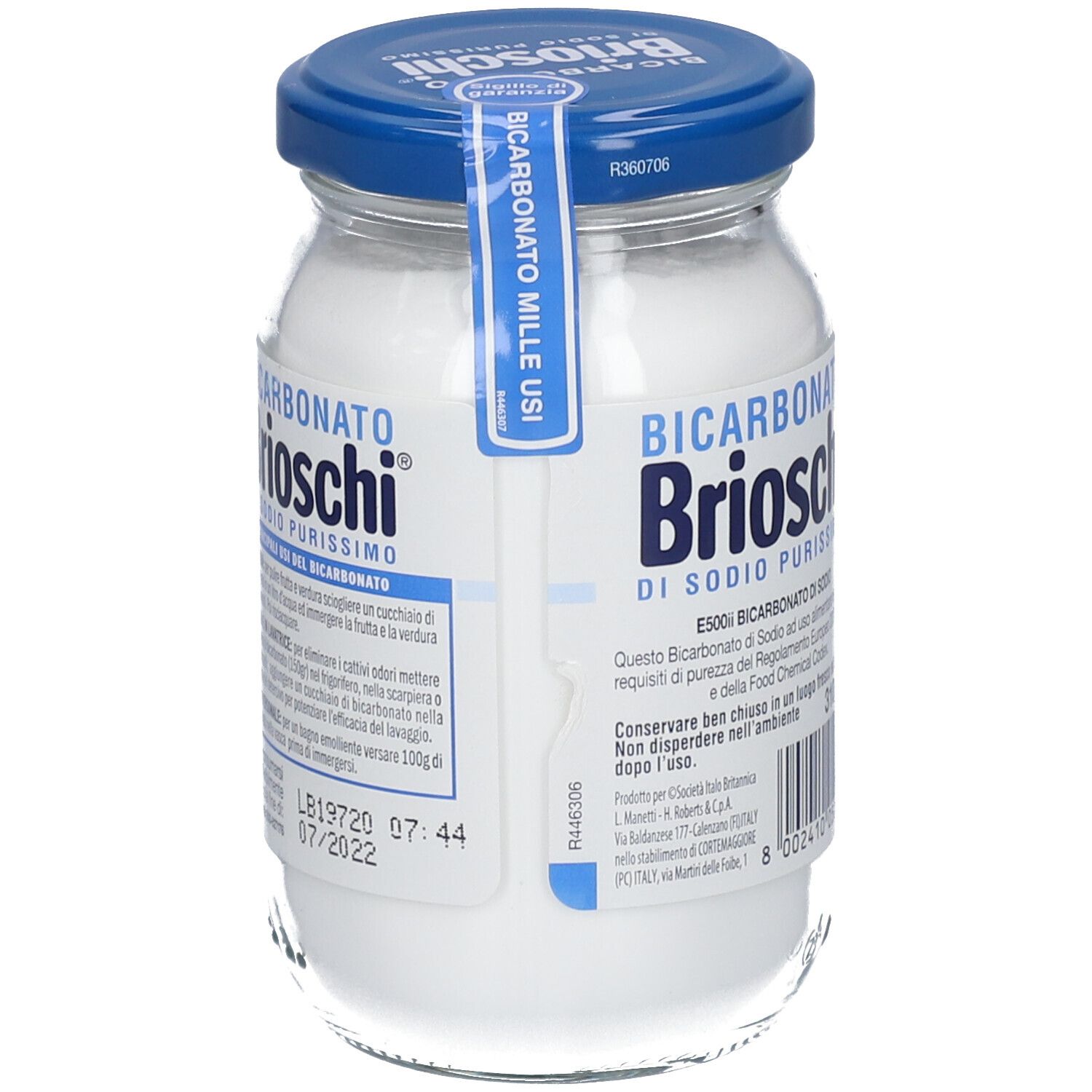 Barattolo di vetro Brioschi Bicarbonato di Sodio Purissimo. Retro con testo ed etichetta. Coperchio blu con adesivo.