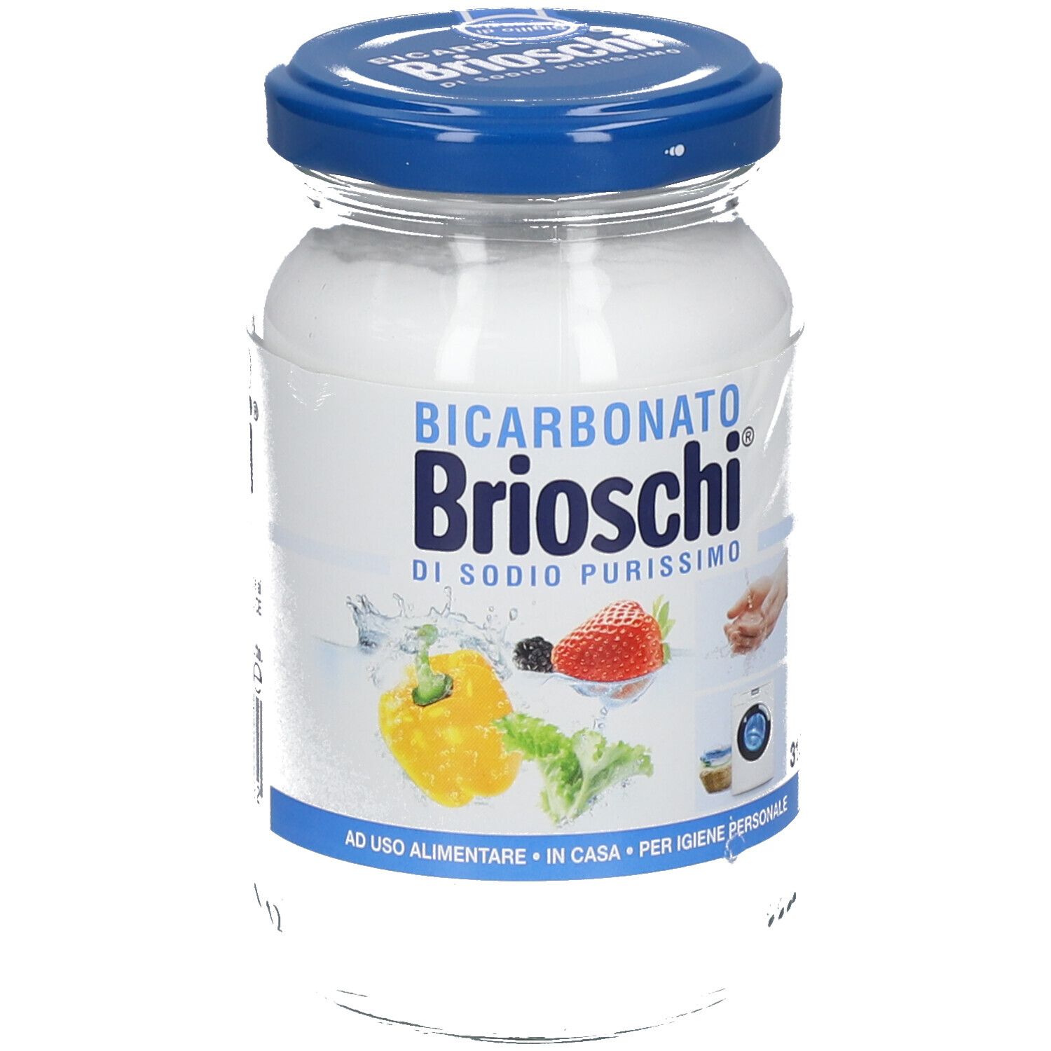 Barattolo di vetro di Brioschi Bicarbonato di Sodio Purissimo. Etichetta blu con nome del prodotto e illustrazioni di frutta e mani.
