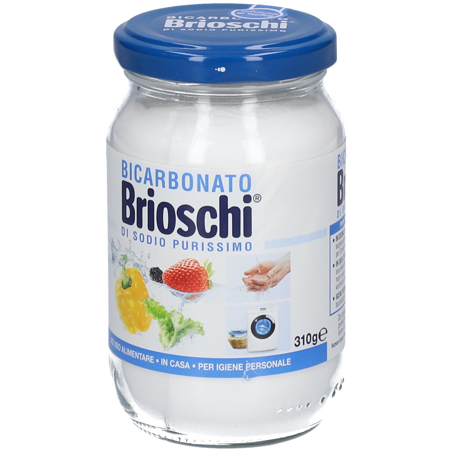 Barattolo di vetro di Brioschi Bicarbonato di Sodio Purissimo. Etichetta blu con nome del prodotto e illustrazioni di frutta e mani.