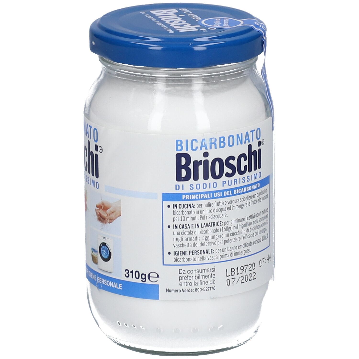 Barattolo di vetro di Brioschi Bicarbonato di Sodio Purissimo. Retro con testo ed etichetta. Coperchio blu.