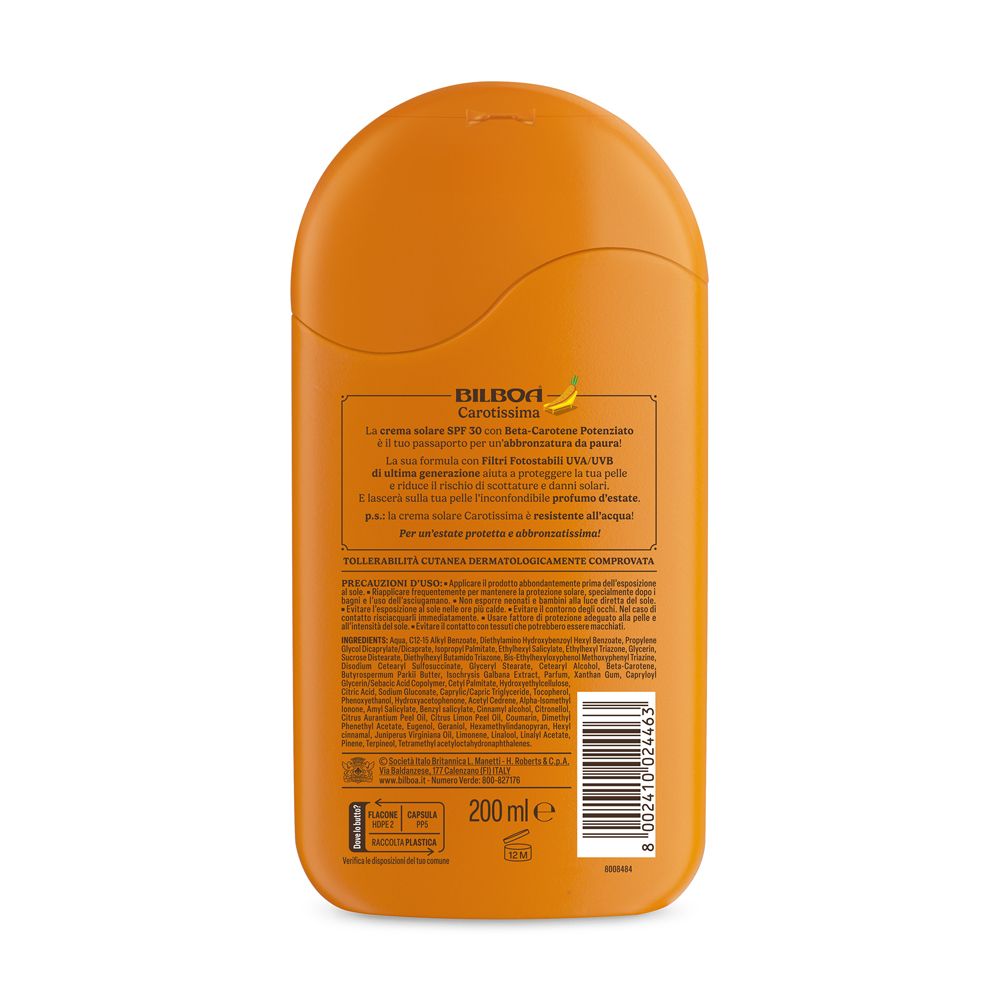 Retro del flacone di crema solare. Testo in italiano. Scritta: Bilboa Carotissima. 200 ml.