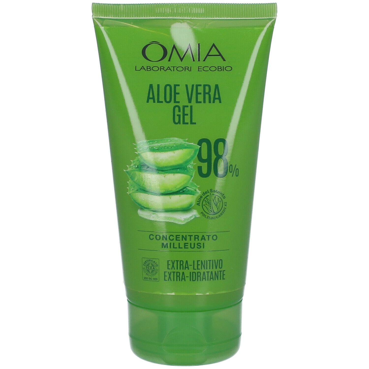 Tubo verde di gel OMIA Aloe Vera. Scritta: Aloe Vera Gel 98%. Illustrazione di foglie di aloe vera. Logo di certificazione.