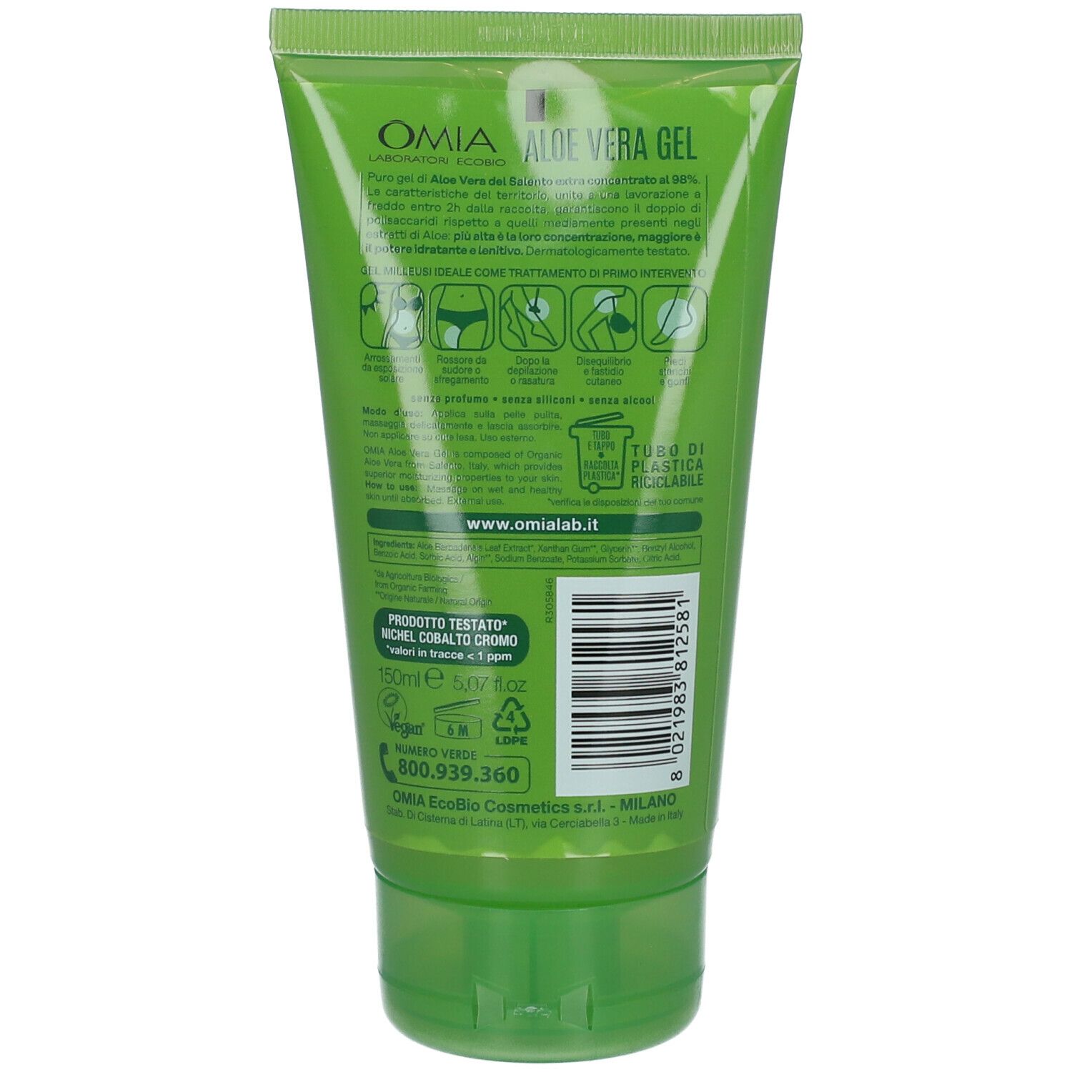 Retro di un tubo verde. Testo: OMIA Aloe Vera Gel. Informazioni e illustrazioni. Codice a barre e simbolo di riciclaggio.
