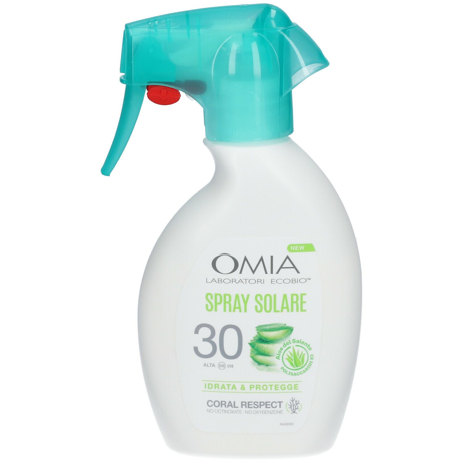 Spray bianco con erogatore verde. Scritte: OMIA, Spray Solare 30, Aloe Vera. Etichetta "Coral Respect".