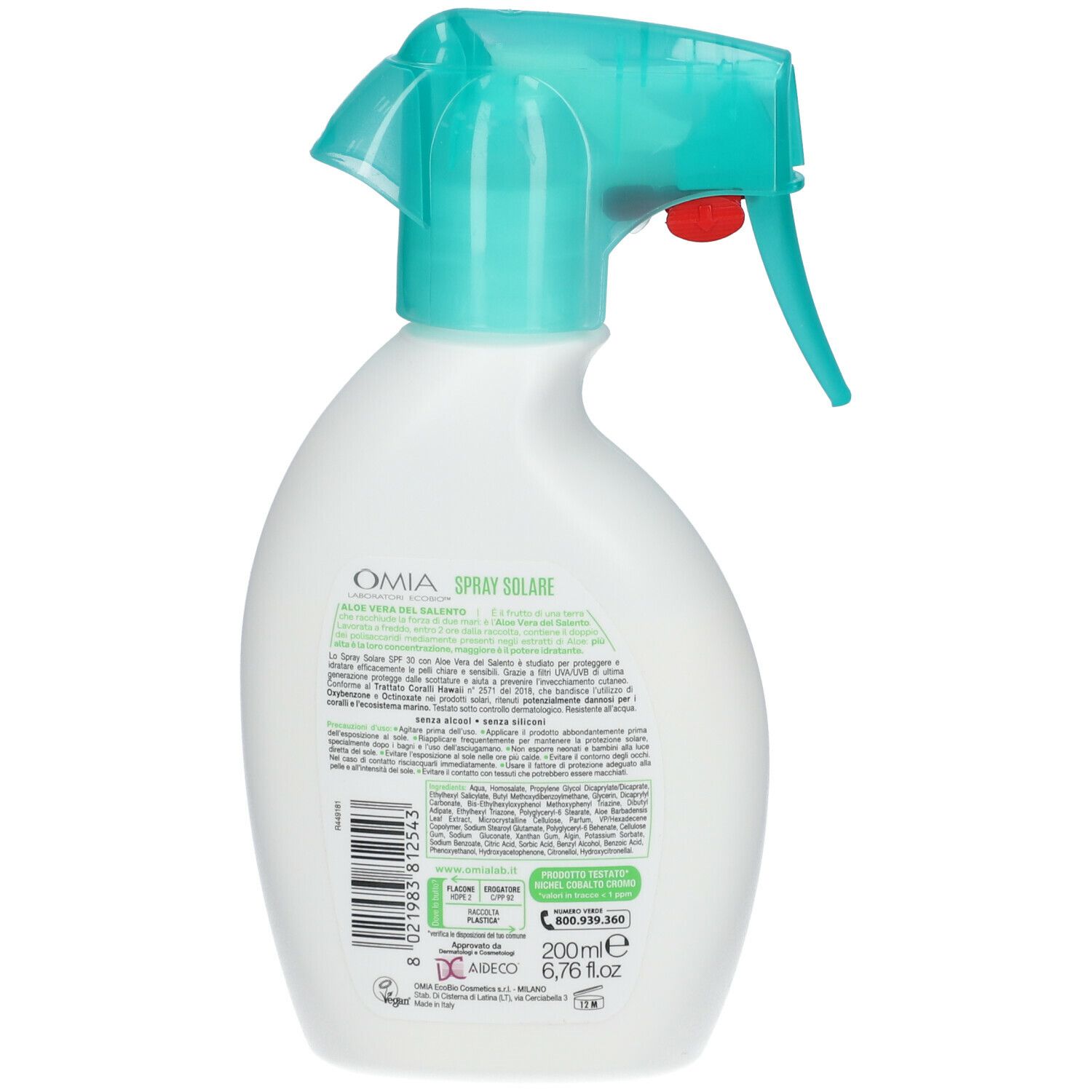 Retro dello spray bianco. Scritte: OMIA, Spray Solare. Codice a barre, testo, certificazioni, 200ml.