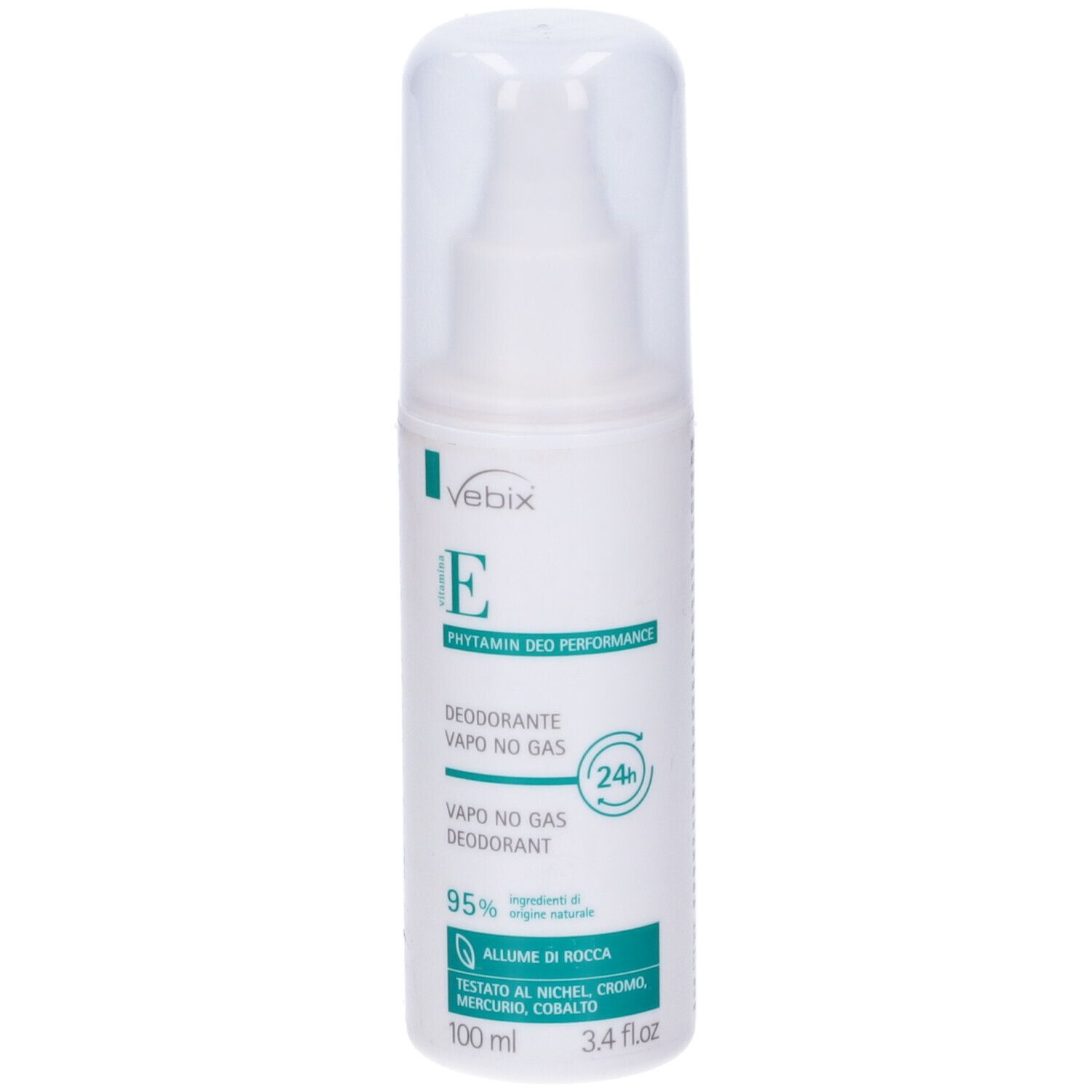 Deodorante bianco con erogatore e tappo. Scritte: Vebix, E, Phytamin Deo Performance, Vapo No Gas, 24h. Confezione verde e bianca.