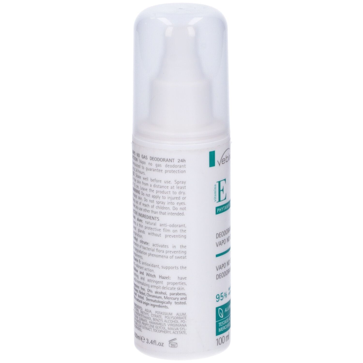 Deodorante bianco con erogatore e tappo. Testo sul retro. Contiene informazioni sugli ingredienti e l'uso. 100 ml.