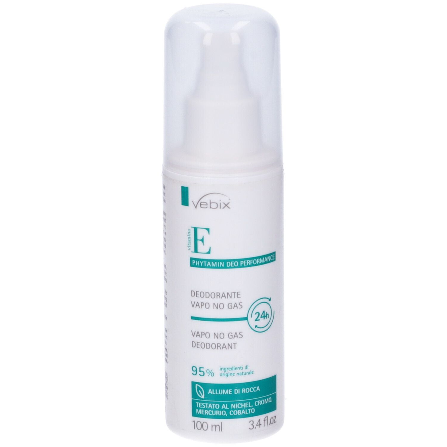 Deodorante bianco con erogatore e tappo. Scritte: Vebix, E, Phytamin Deo Performance, Vapo No Gas, 24h. Confezione verde e bianca.
