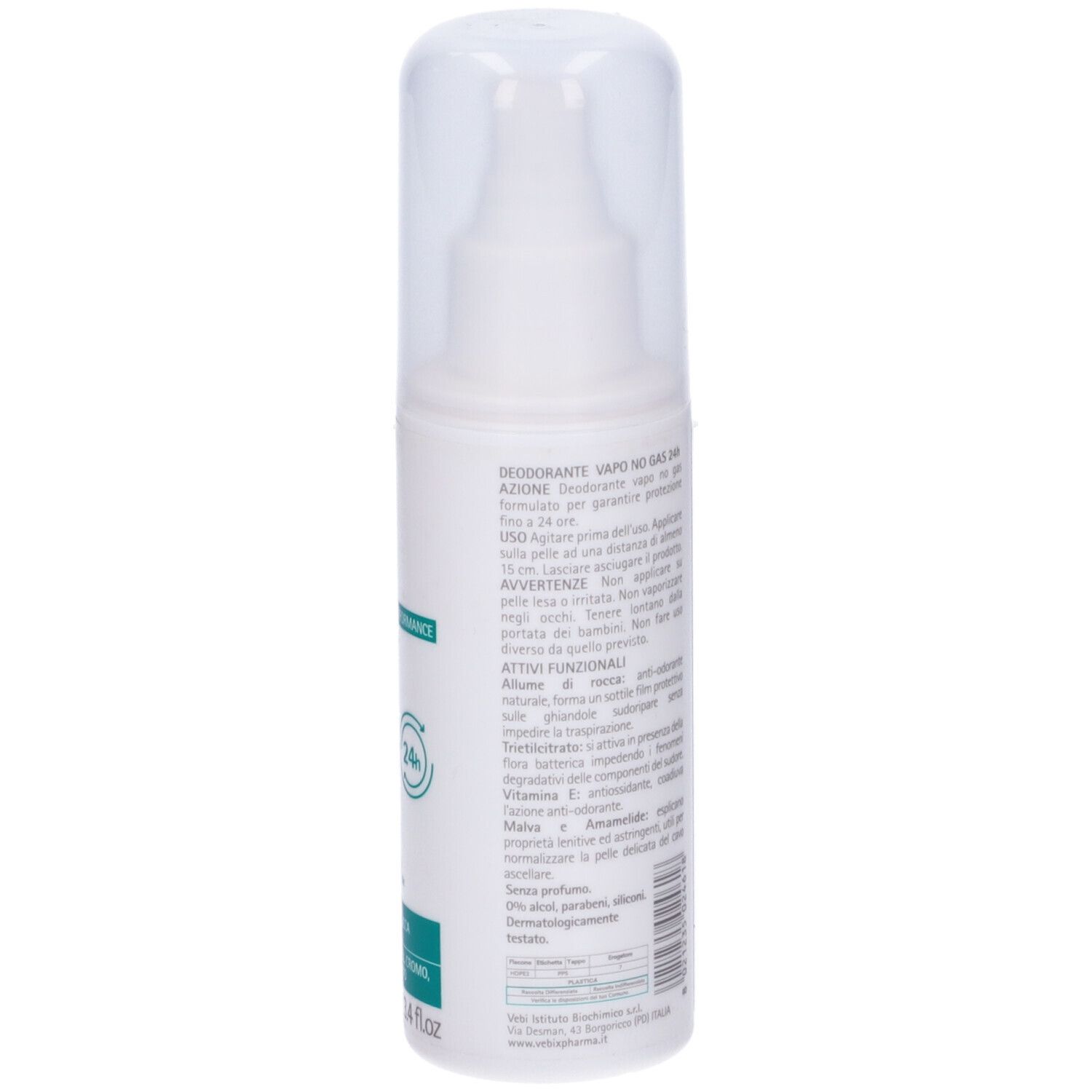 Retro del deodorante. Testo con informazioni su uso, ingredienti e avvertenze. 100 ml.