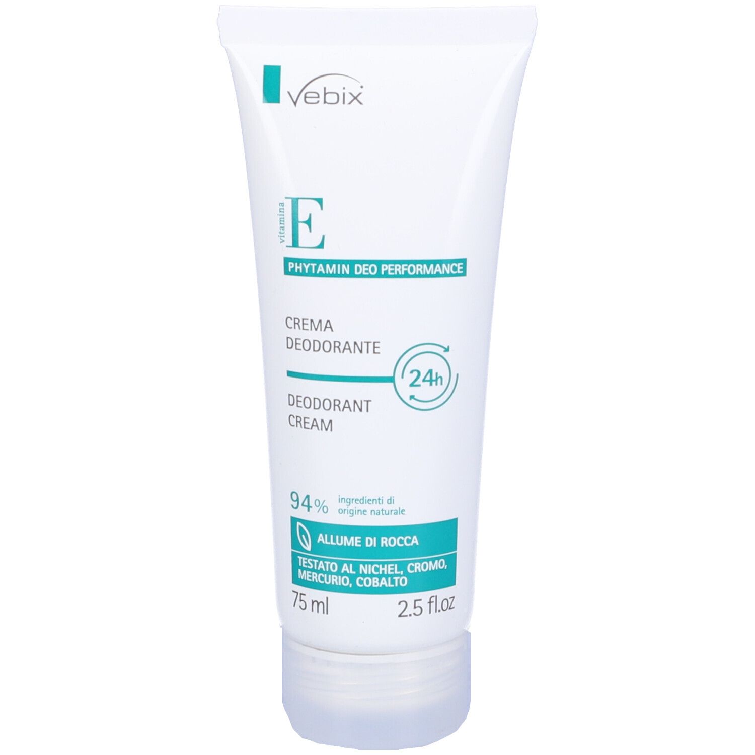 Tubo bianco con tappo verde. Scritta: Vebix, E, Phytamin Deo Performance, Crema Deodorante, 24h. 75 ml.