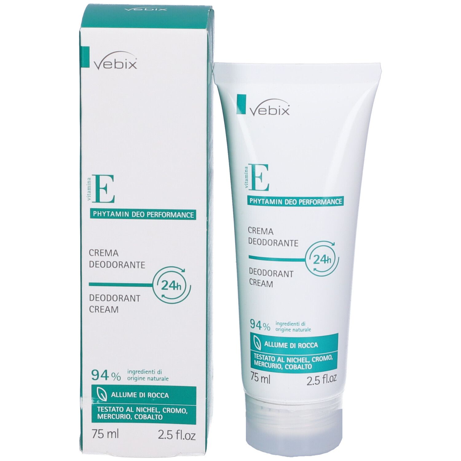 Confezione del prodotto con tubo e scatola. Tubo: bianco, verde. Scatola: bianco, verde. Scritta: Vebix, E, Crema Deodorante, 24h.