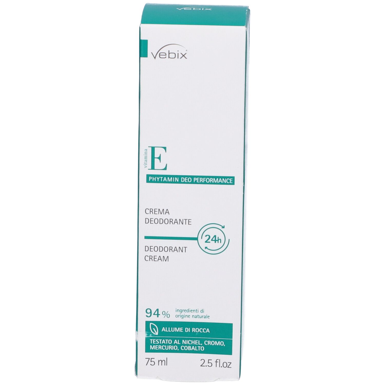 Confezione del prodotto verde e bianca. Scritta: Vebix, E, Crema Deodorante, 24h. Contiene informazioni sul prodotto.