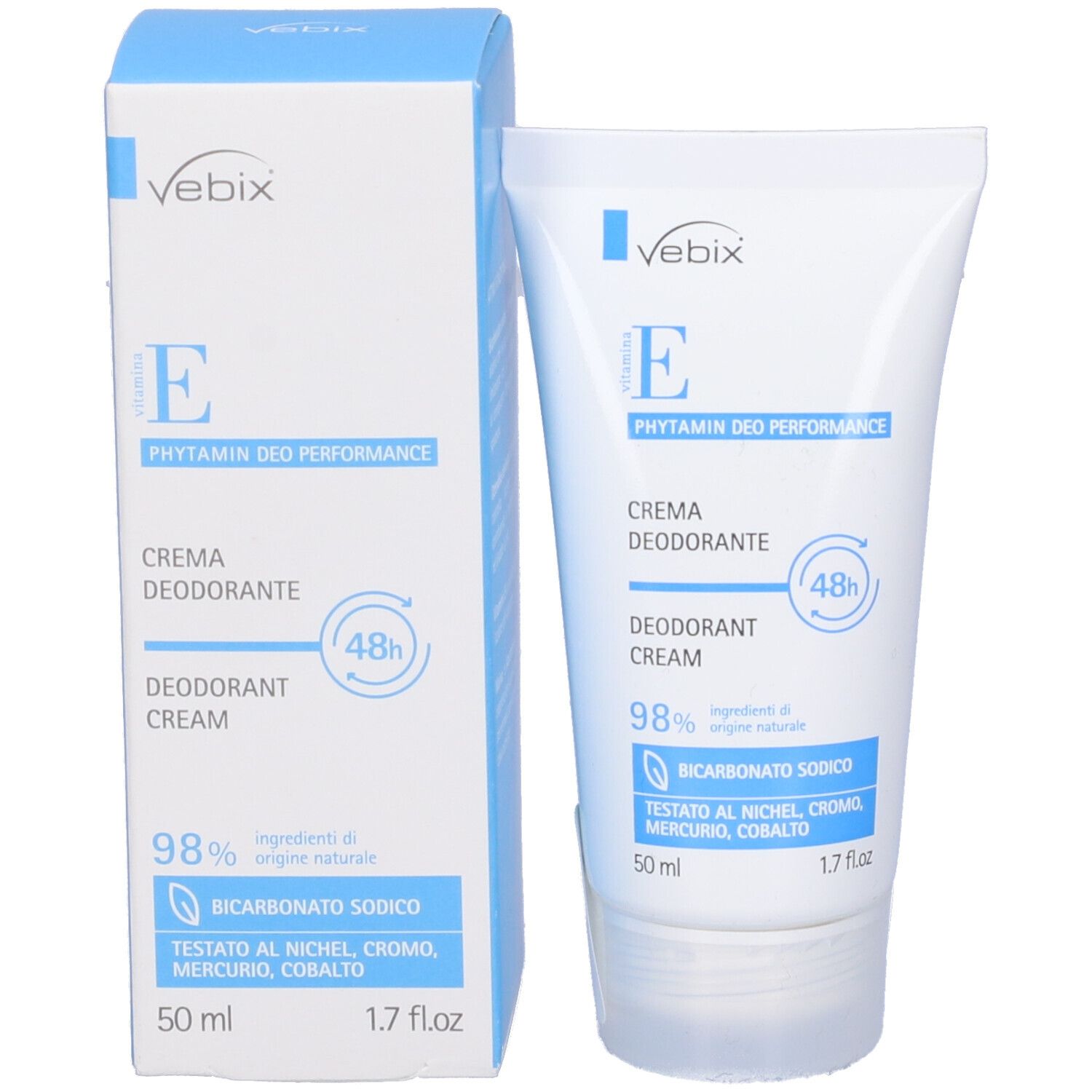Confezione del prodotto con tubo e scatola. Tubo: bianco con stampa blu. Scatola: bianca e blu. Testo: Vebix, Phytamin Deo Performance, Crema deodorante.