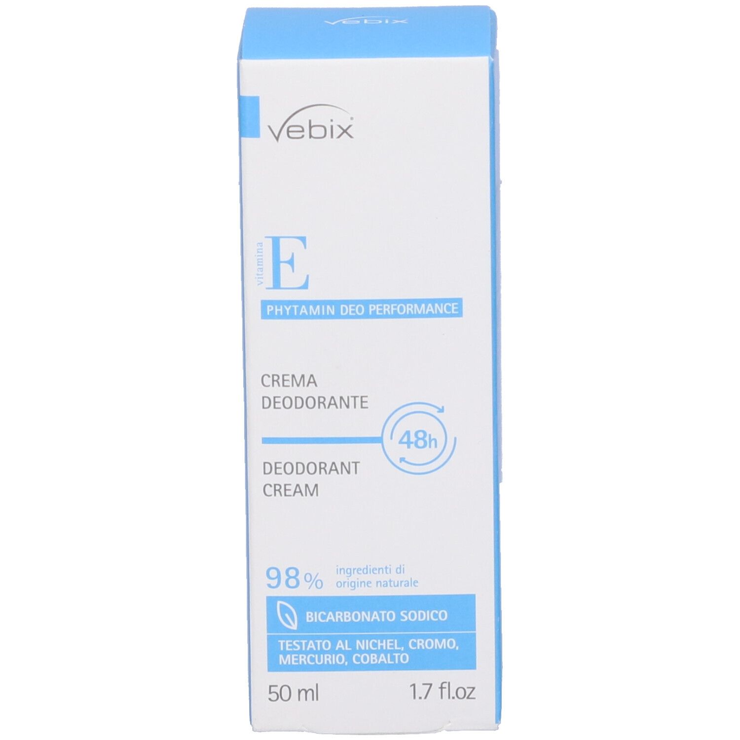 Confezione del prodotto blu e bianca. Testo: Vebix, Phytamin Deo Performance, Crema deodorante, 48h, 98% ingredienti naturali. Forma quadrata.