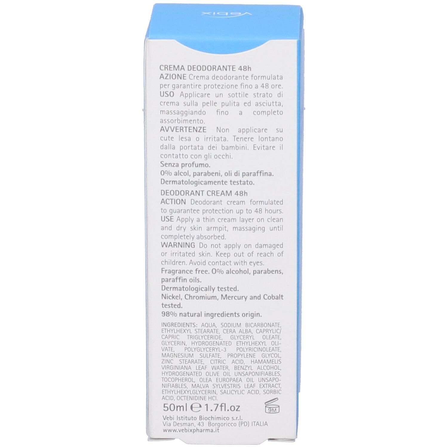 Retro della confezione del prodotto. Testo: istruzioni per l'uso, ingredienti, dermatologicamente testato. Sfondo blu con testo bianco.
