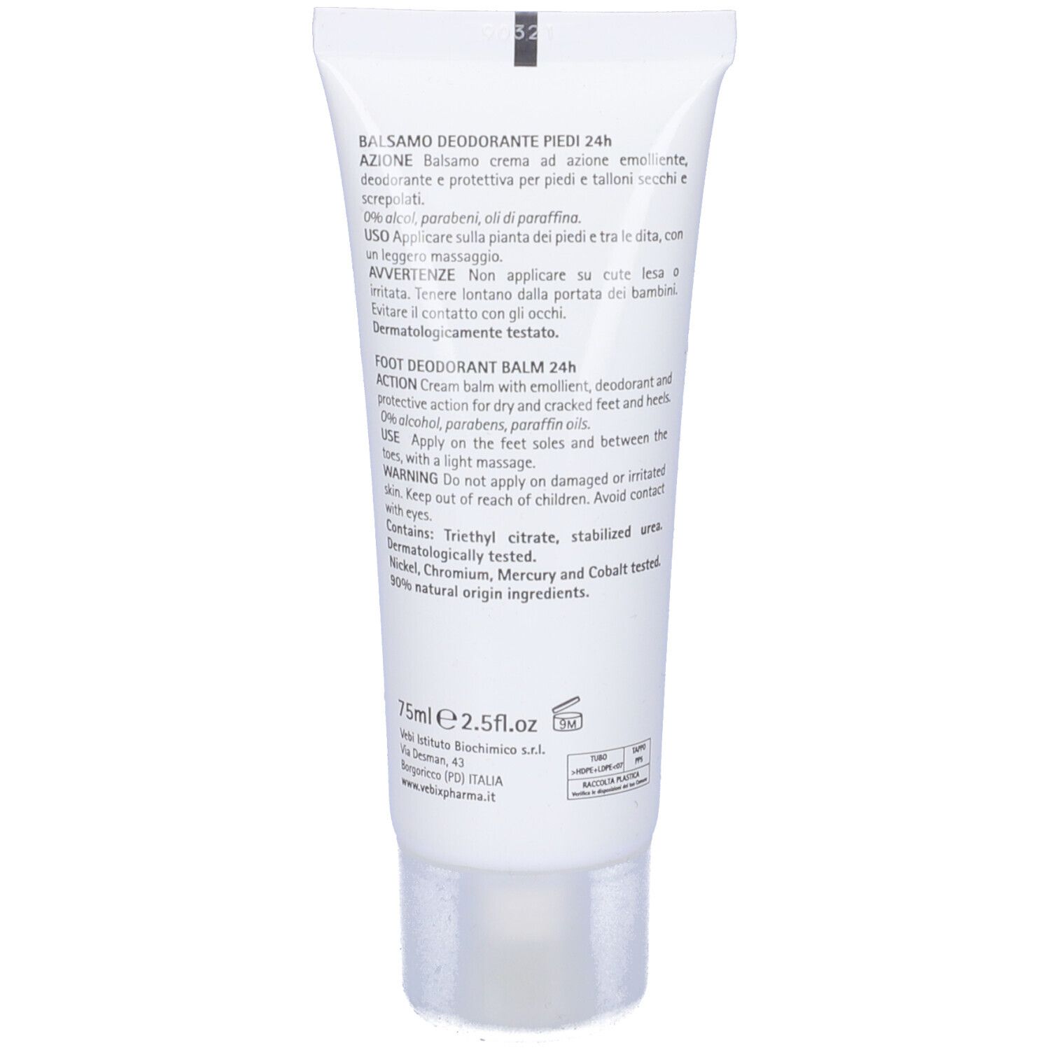 Weiße Tube mit 75ml Fußdeo-Balsam. Enthält Triethylcitrat, dermatologisch getestet.