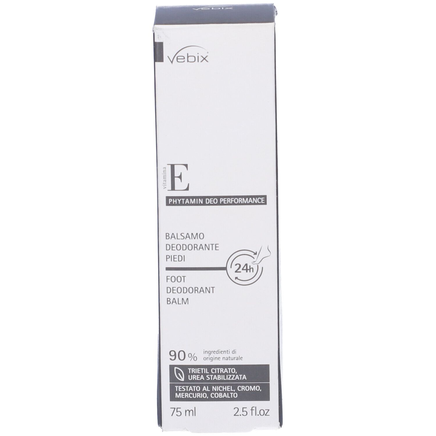 Vebix Fußdeo Balsam Phytamin Deo Performance Karton. 75 ml, 2.5 fl.oz. Enthält Trietilcitrat, Harnstoff.