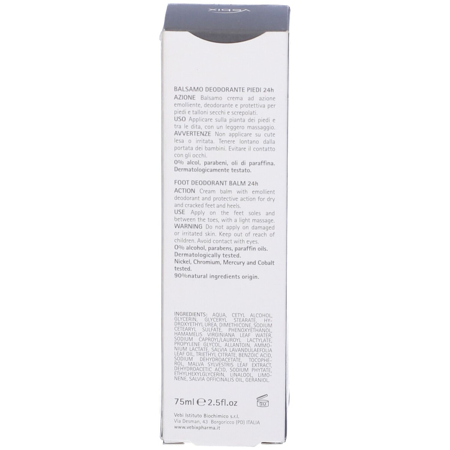 Verpackung eines Fußdeo-Balsams mit 75ml/2.5floz Inhalt. Enthält Inhaltsstoffliste und Anwendungshinweise.