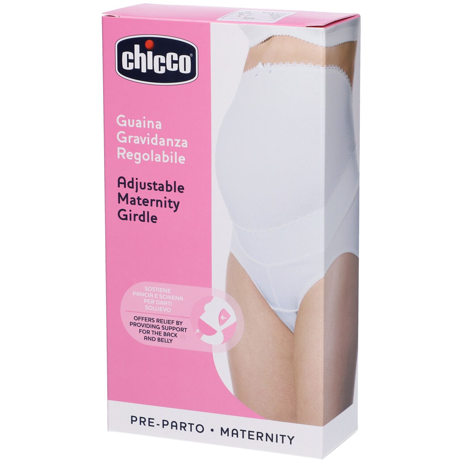 Confezione Chicco. Scatola rosa con immagine del prodotto. Testo: Guaina Gravidanza Regolabile, Adjustable Maternity Girdle.