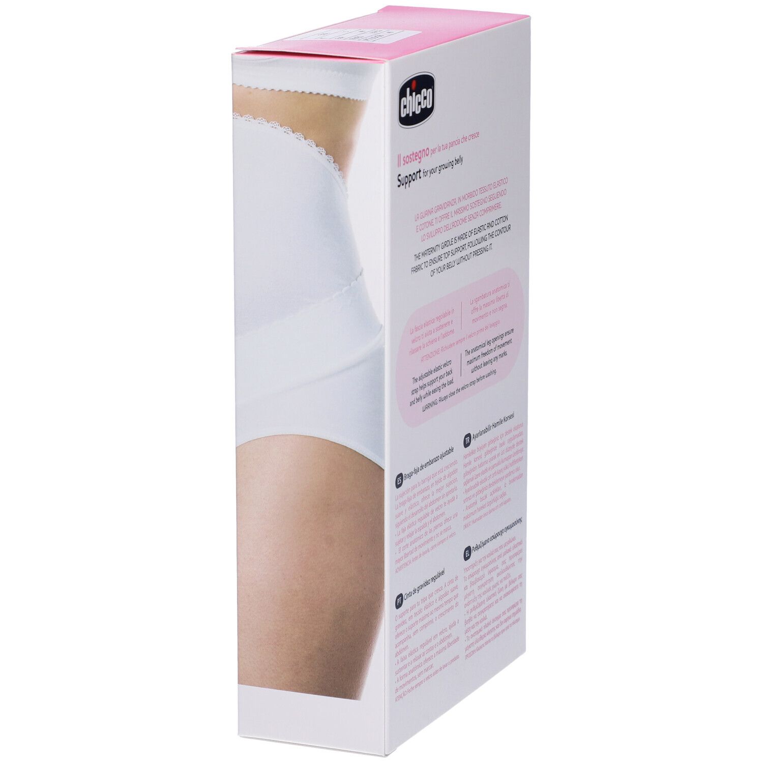 Confezione Chicco. Scatola rosa con testo: Support for your growing belly. Immagine del prodotto.