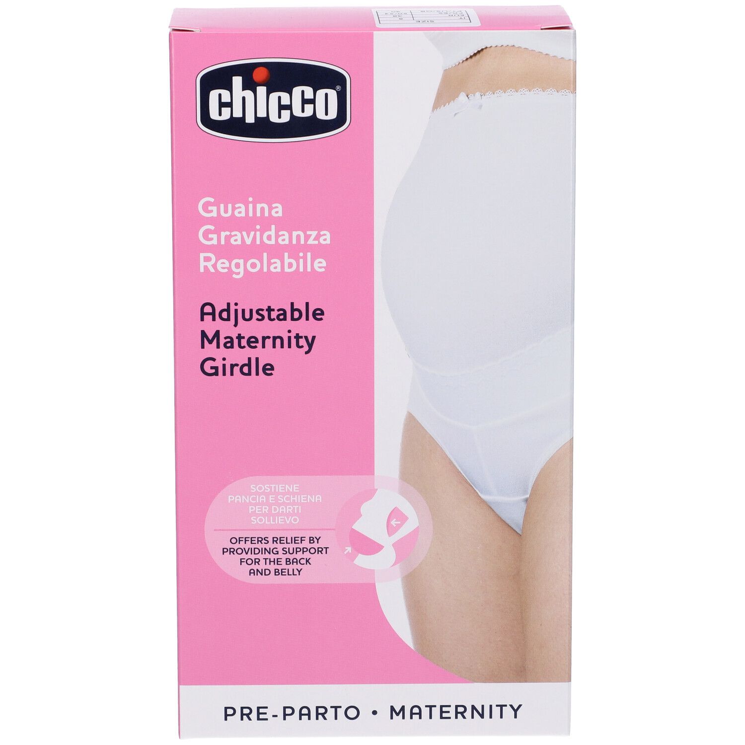 Confezione Chicco. Scatola rosa con immagine del prodotto. Testo: Guaina Gravidanza Regolabile, Adjustable Maternity Girdle.