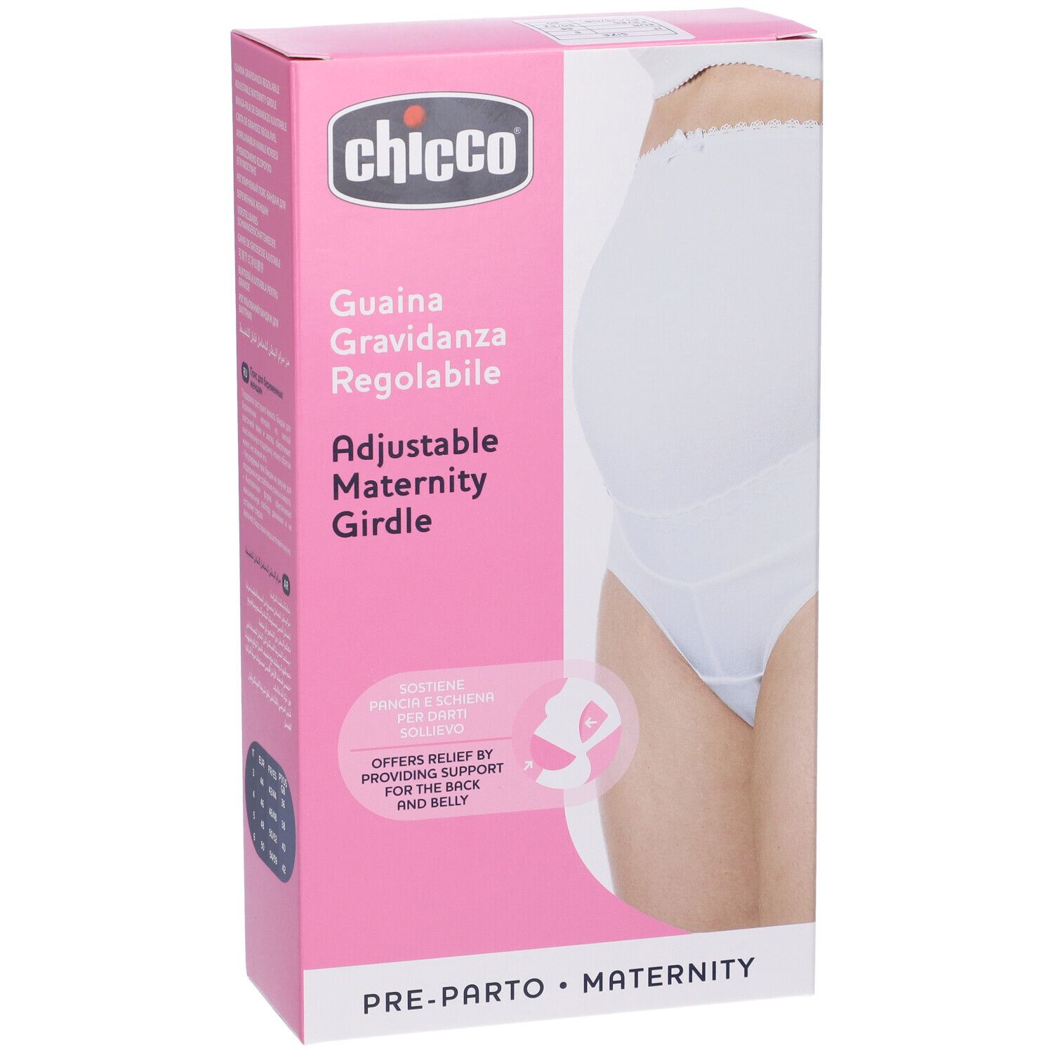 Confezione Chicco. Scatola rosa con immagine del prodotto. Testo: Guaina Gravidanza Regolabile, Adjustable Maternity Girdle.