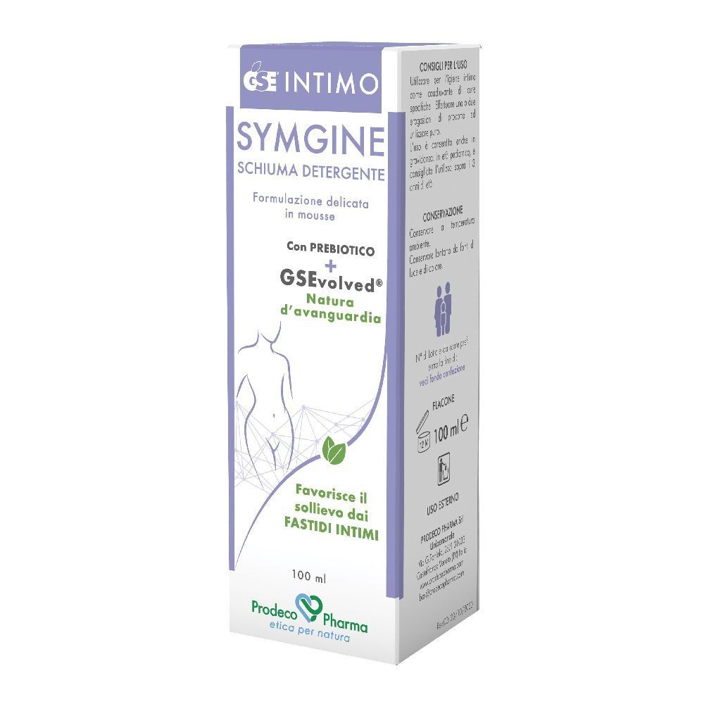 Confezione di Gse Intimo Symgine Schiuma Detergente. Testo e illustrazioni su sfondo bianco.
