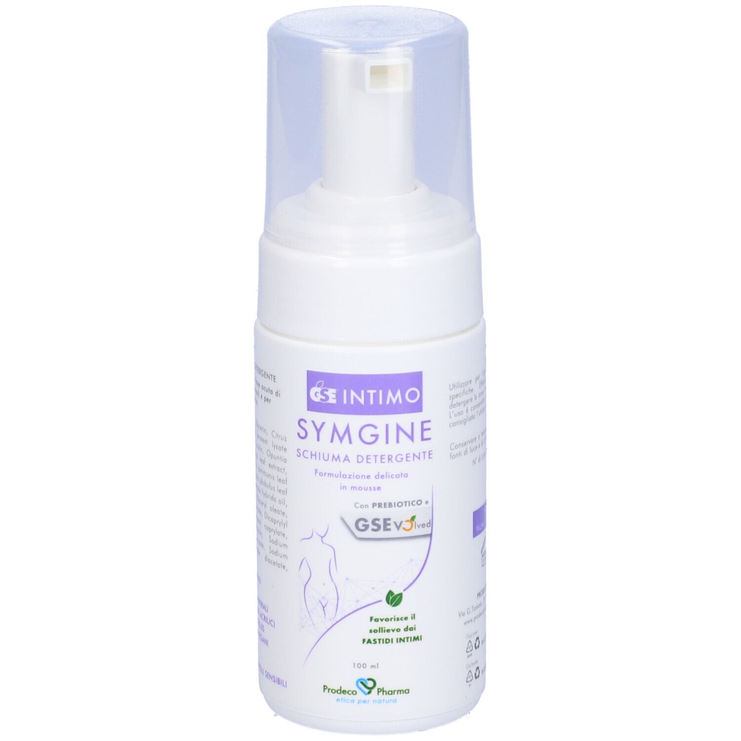 Flacone bianco di Gse Intimo Symgine Schiuma Detergente con erogatore e tappo trasparente.