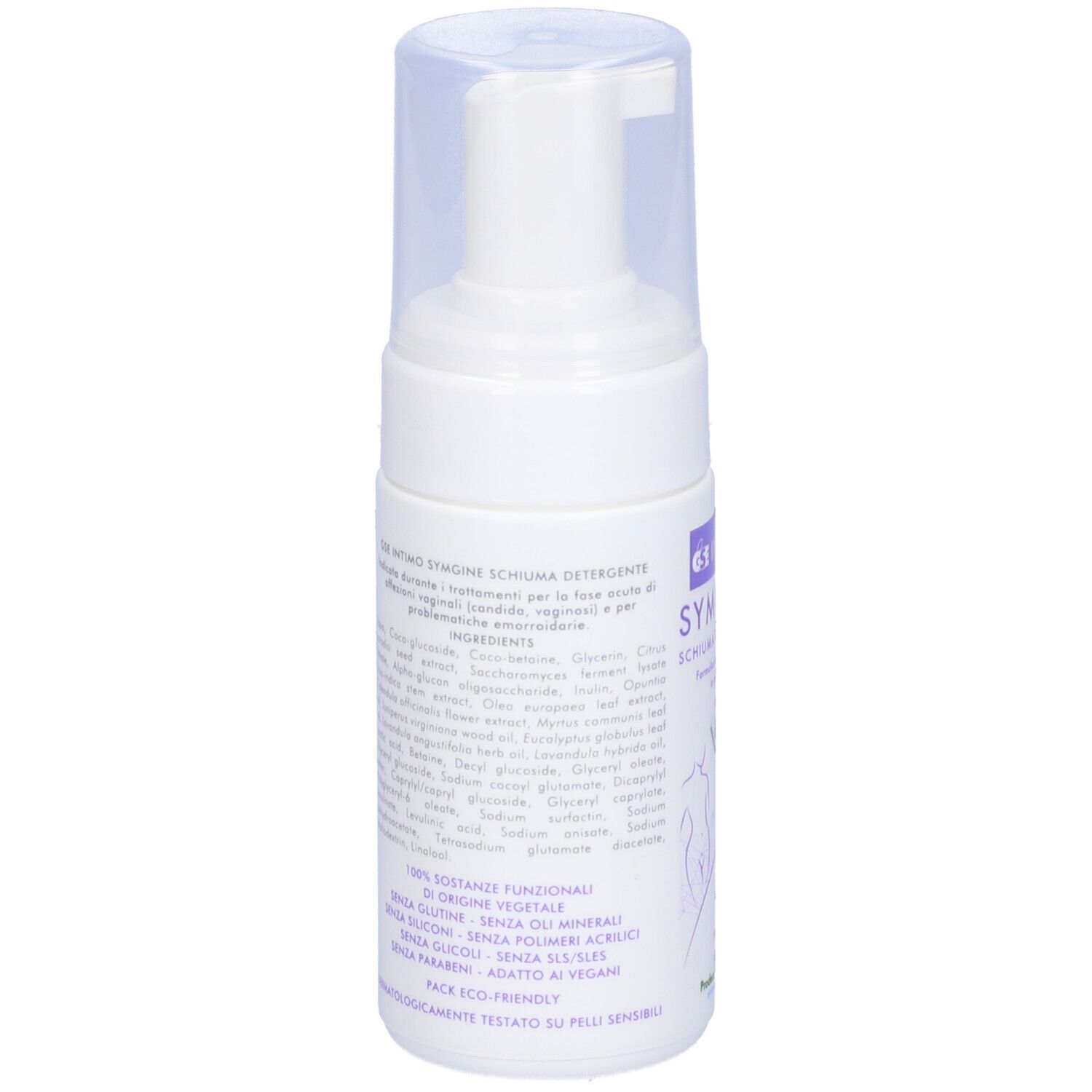 Retro del flacone Gse Intimo Symgine Schiuma Detergente. Testo con ingredienti e informazioni.