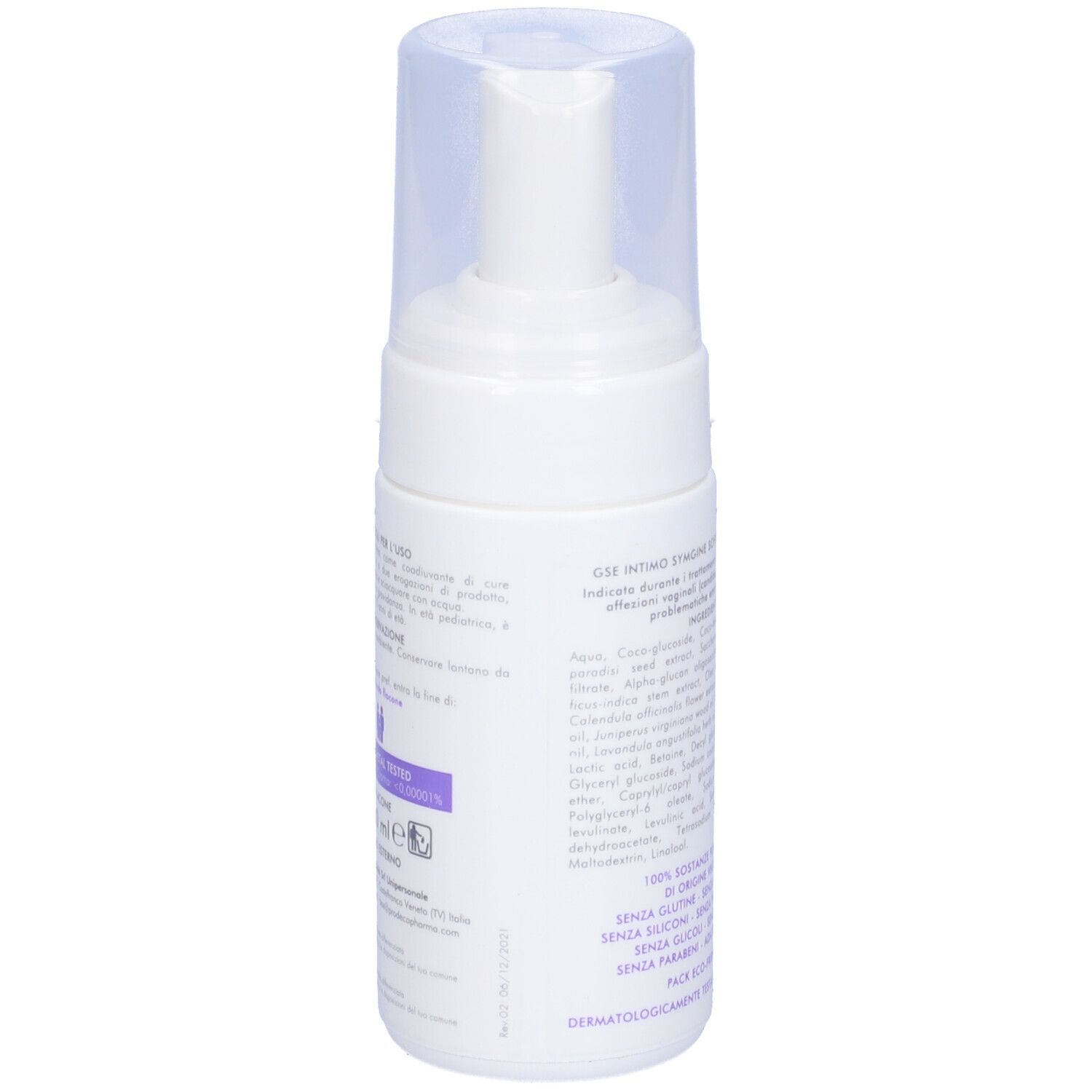 Retro del flacone Gse Intimo Symgine Schiuma Detergente. Testo con informazioni e ingredienti.