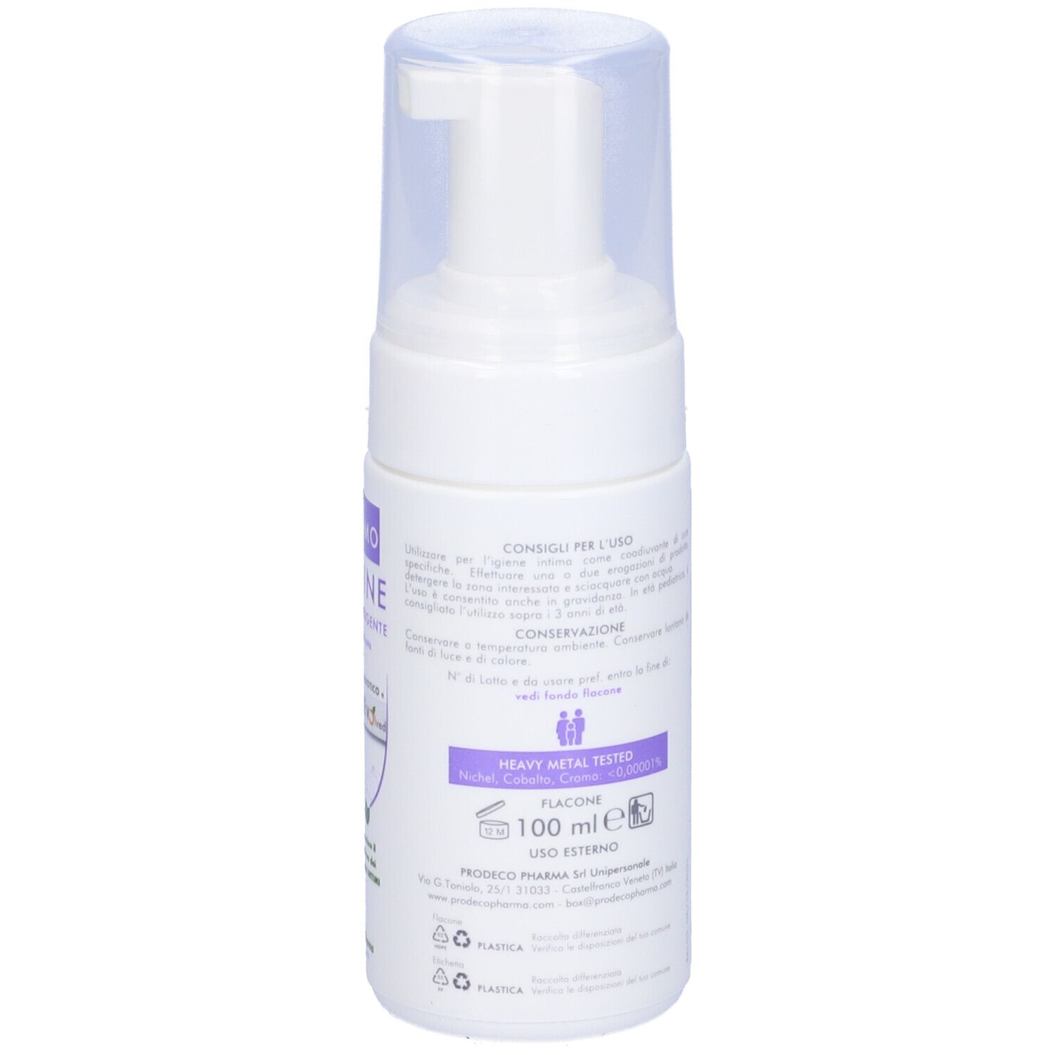 Flacone Gse Intimo Symgine Schiuma Detergente. Testo con consigli per l'uso e informazioni.