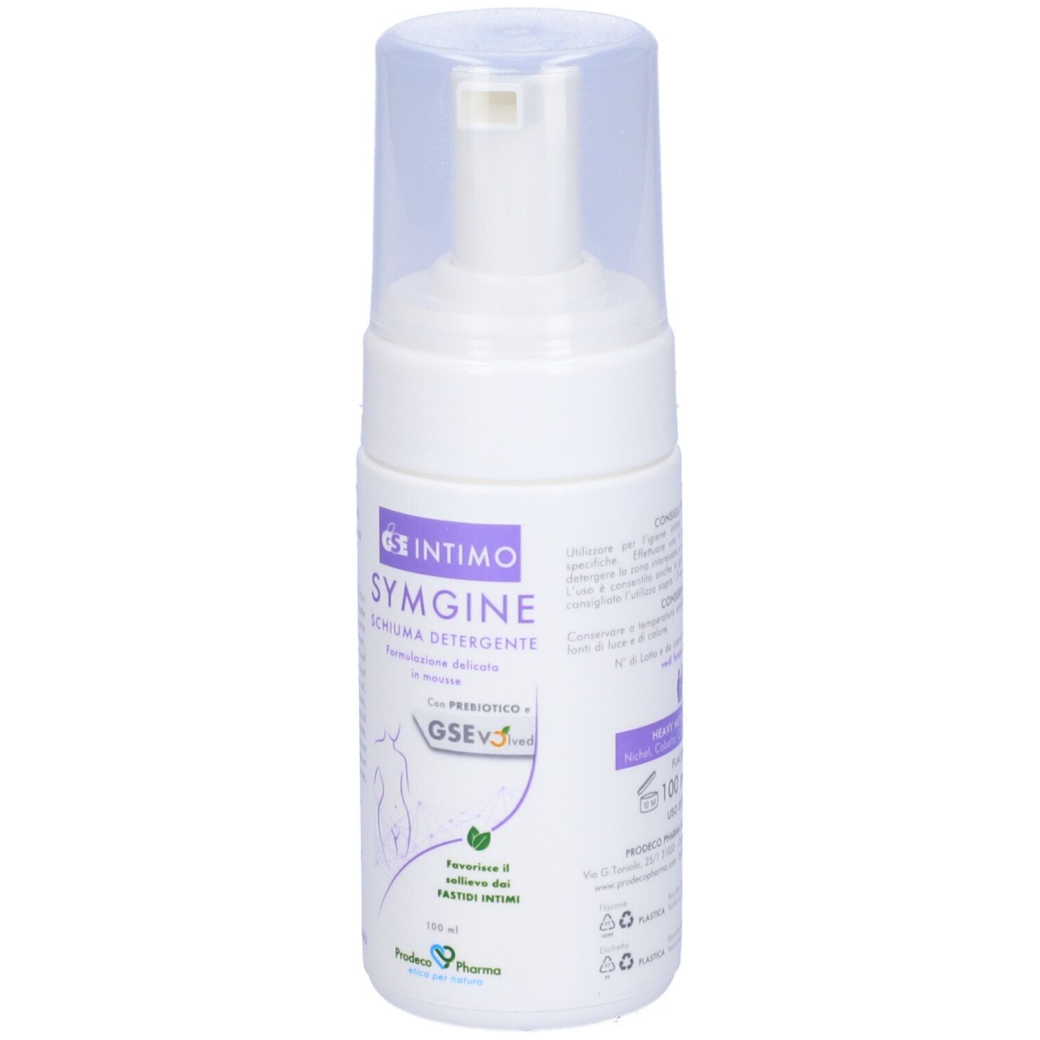 Flacone Gse Intimo Symgine Schiuma Detergente. Testo e logo su sfondo bianco.