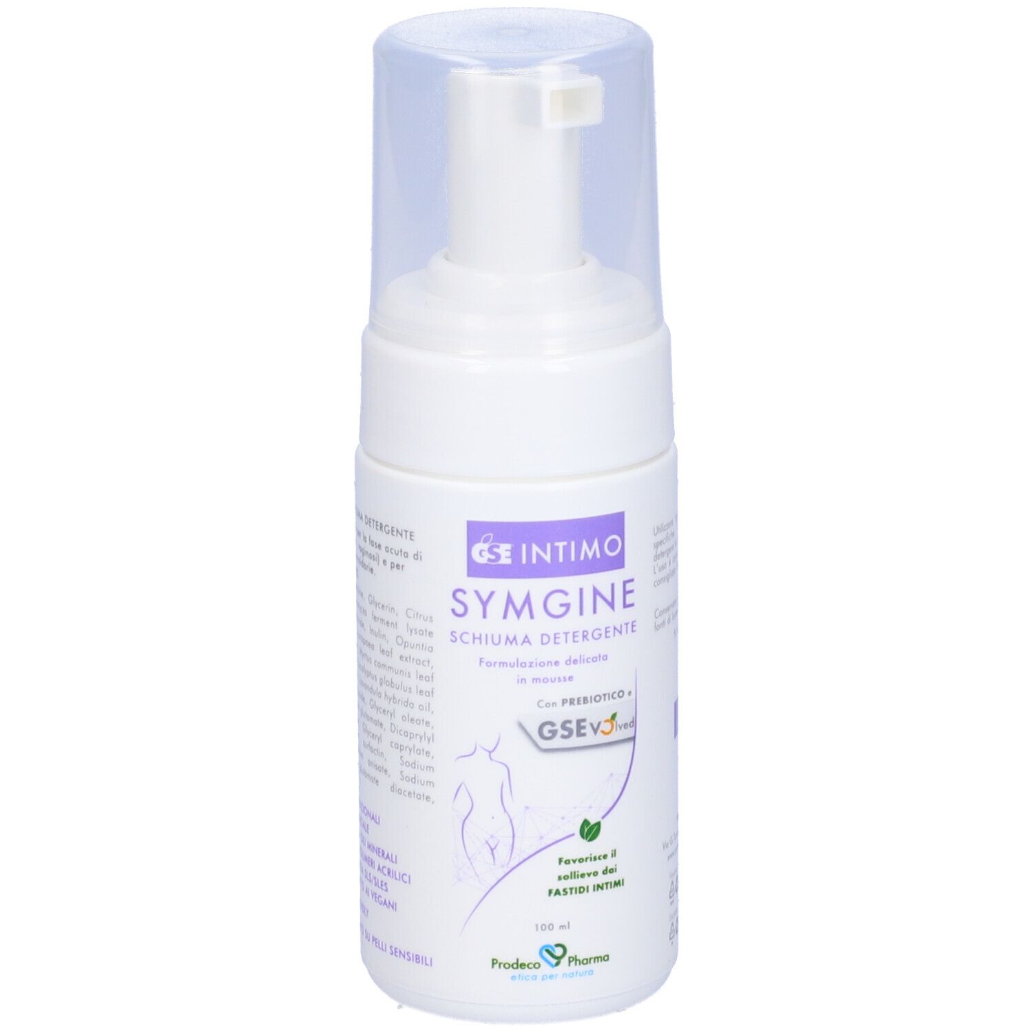 Flacone Gse Intimo Symgine Schiuma Detergente. Testo e logo su sfondo bianco.