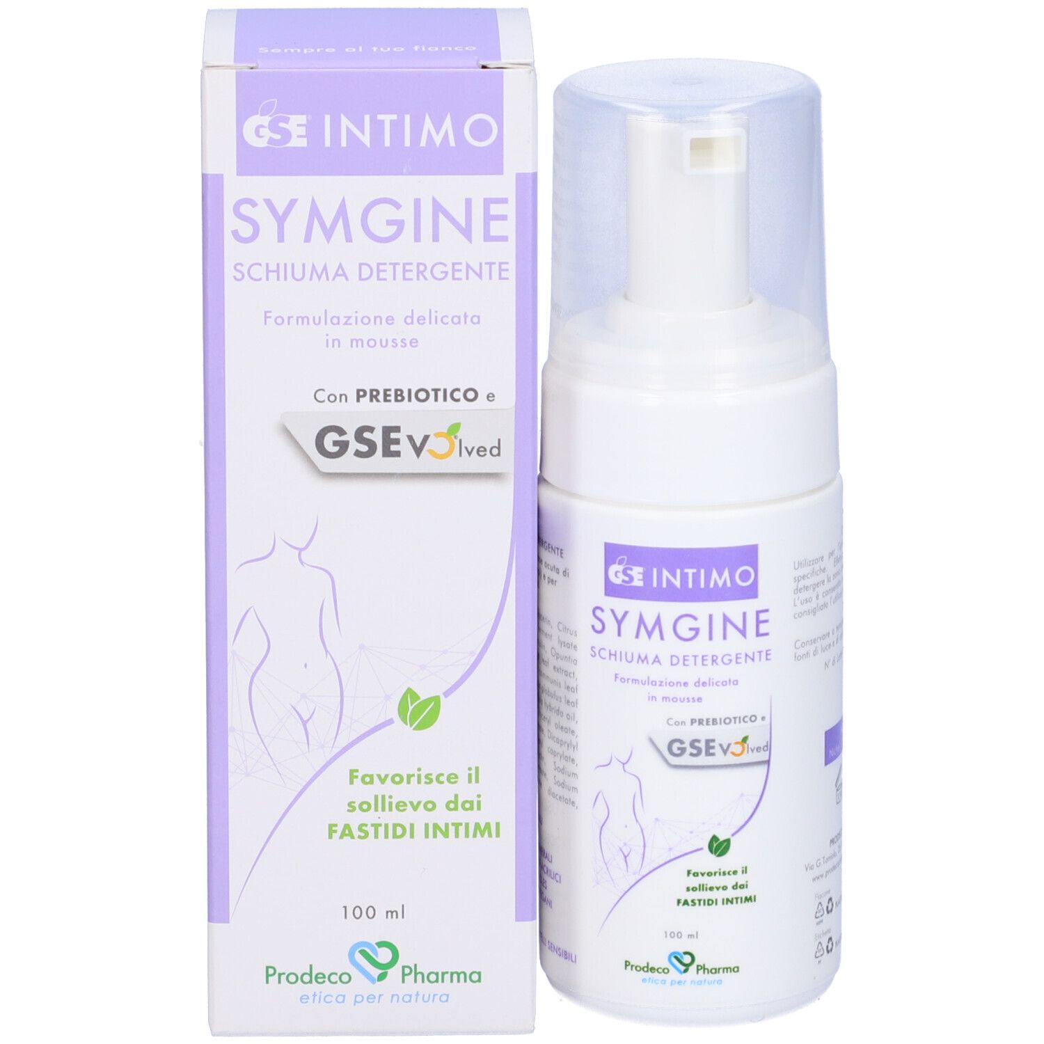 Flacone e confezione Gse Intimo Symgine Schiuma Detergente. Prodotto affiancato.